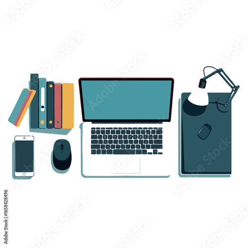 Vector art of a modern workspace setup with a laptop, smartphone, computer mouse, books, and a desk lamp, isolated on a