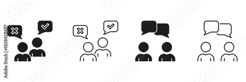 Two-Person Communication Line And Solid Icon Set. Dialogue, Agreement, And Disagreement Symbol Collection. Speech Bubbles With Check And Cross Marks. Isolated Vector Illustration