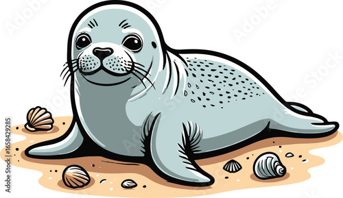 Adorable Cartoon Seal Pup on Sandy Beach with Seashells; Cute, Playful Illustration.