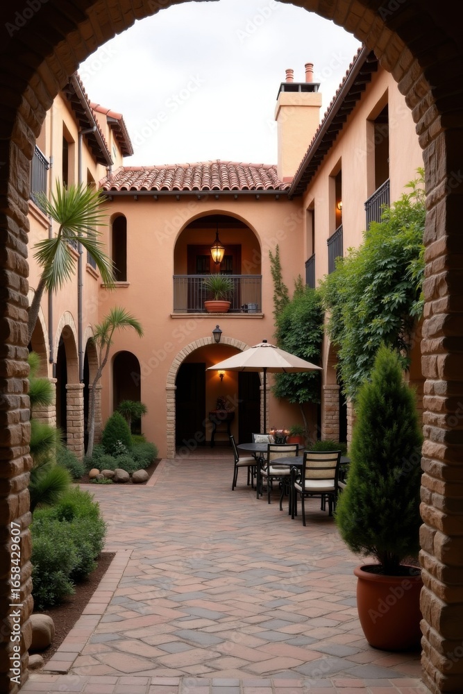 Obraz premium Elegant Courtyard Oasis With Spanish Influence and Lush Greenery