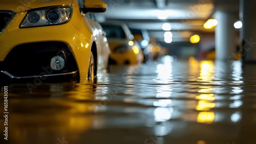 Wallpaper Mural A closeup shot of a yellow cars front end, showcasing its headlights and the intricate details of its design. The car is parked in a dimly lit parking garage. Torontodigital.ca