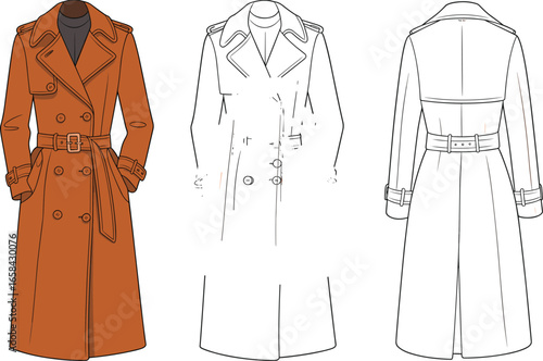 Long trench coat technical fashion drawing, stylish double-breasted coat template, outerwear flat sketch, garment design illustration for women