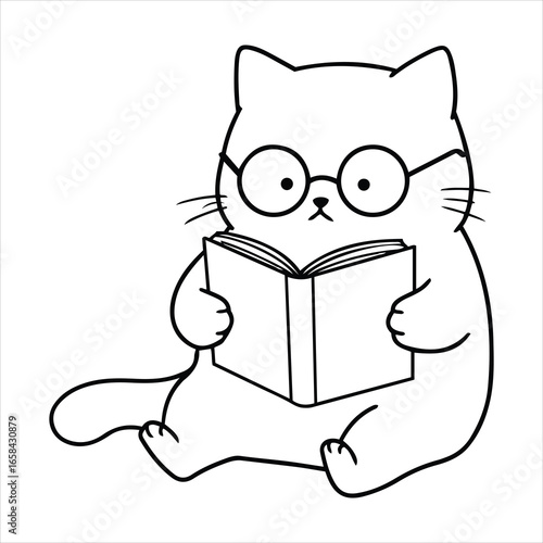 Cute cartoon cat wearing glasses reading a book