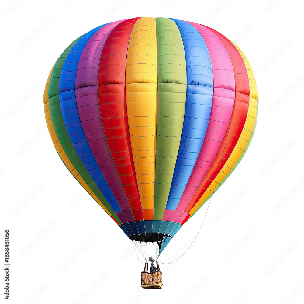 Fototapeta premium and keyword list based on the image.. Rainbow Hot Air Balloon Soaring High Above Open Landscape