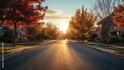 A photograph of the sunset over an idyllic suburban neighborhood street, with houses and trees lining both sides of it.