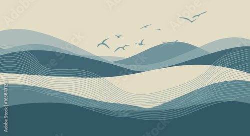 Abstract ocean landscape with waves and birds in flight, minimalist style