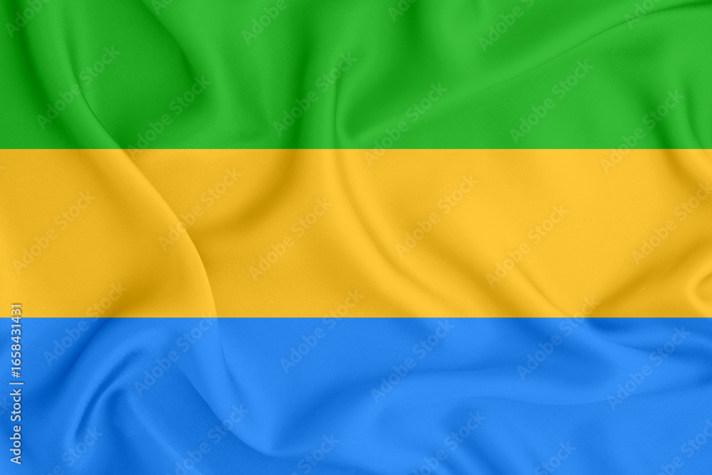 Obraz premium tricolor flag with three horizontal stripes and three stars of the Republic of Gabon on satin canvas with folds and shadows