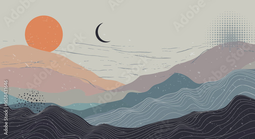 Abstract mountain range landscape with sun and moon in a modern minimalist style