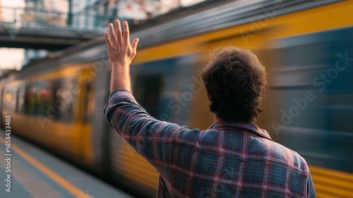 Back view of a man waving hand goodbye while standing at a trainstation, with the train is running at speed on background. Goodbye and travel concept
