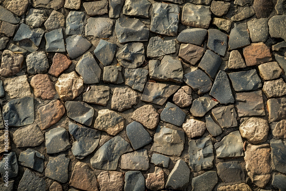Fototapeta premium Photo of European cobble stone paving surface. Background texture for backdrops or mapping