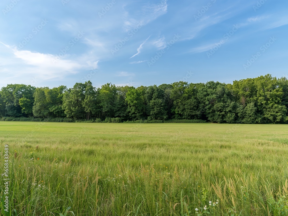 Serene Landscape. Lush Green Field Meeting a Dense Forest Under a Blue Sky Serene Landscape. Lush Green Field Meeting a Dense Forest Under a Blue Sky