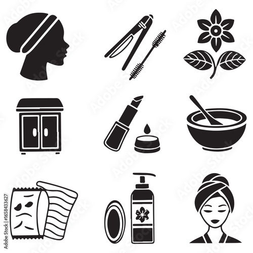 Collection of beauty and spa treatment icons in a clean silhouette style showcasing skincare and personal grooming essentials for wellness and self care silhouette
