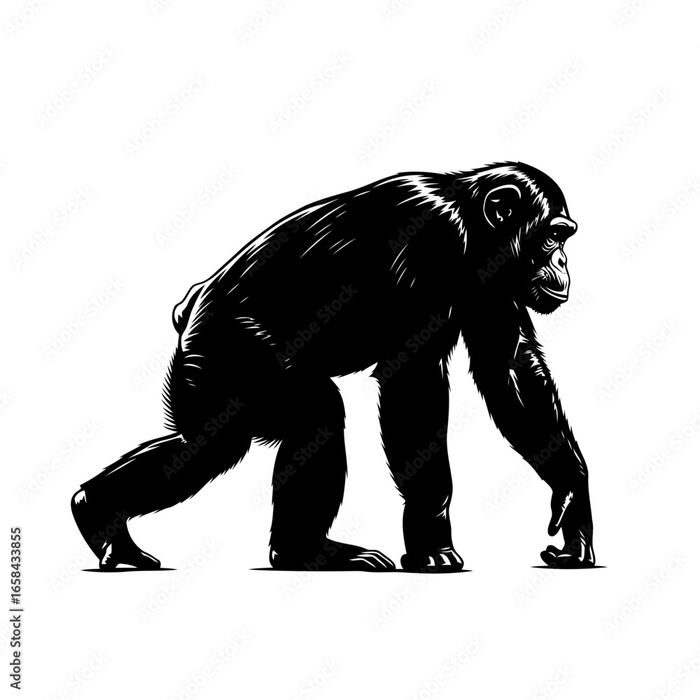 Fototapeta premium A detailed black chimpanzee silhouette walking on all fours isolated on white background silhouette