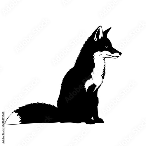A striking black and white silhouette of a fox sitting patiently isolated on white background