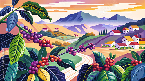 Lush green coffee plantation with ripe red berries and scenic hills in the background. Perfect banner for agriculture, organic farming, eco-tourism, and product promotion.