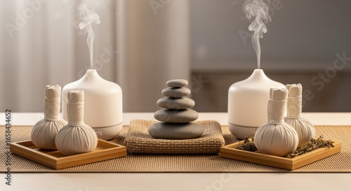 Wallpaper Mural A calming scene featuring aromatic diffusers, essential oils, and stacked stones, creating a tranquil ambiance for relaxation and wellness. Torontodigital.ca