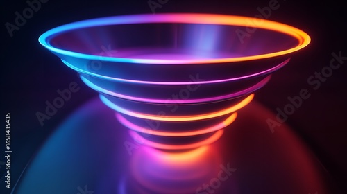 Abstract neon funnel with blue purple and orange lights glowing in the dark background creating a spiral