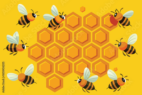Playful cartoon illustration showcasing honeybees buzzing around a geometric honey comb structure on a vibrant yellow background.