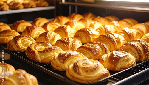 Freshly baked croissants on a rack