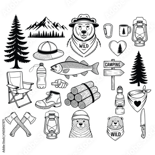 Collection of hand drawn camping and outdoor adventure illustrations