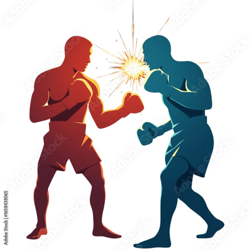 Two boxers in the ring throwing punches during a competitive match with sparks flying