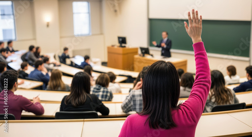 Student Raising Hand to Ask Question in University Lecture Hall