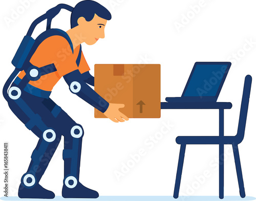 Worker using robotic exoskeleton for office lifting Illustration