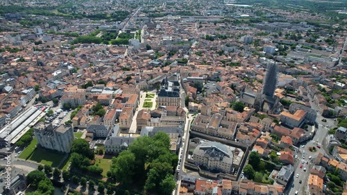 Aerial panorama view around the old town in the city  Niort in France, on a sunny summer noon