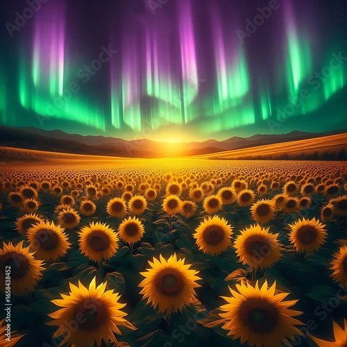 Endless sunflower valley under aurora skies — golden blooms glowing in green and purple light.