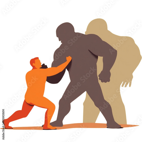 Brave underdog fighting a powerful giant silhouette, a metaphor for confronting fear and overcoming great obstacles in life or business