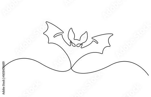 Continuous single line sketch drawing of flying bat creepy horror halloween animal nocturnal mammal comic hero one line concept vector illustration