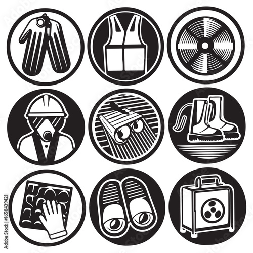 Collection of safety and protective equipment icons in a distinctive black and white silhouette style representing hazard prevention and personal safety measures silhouette