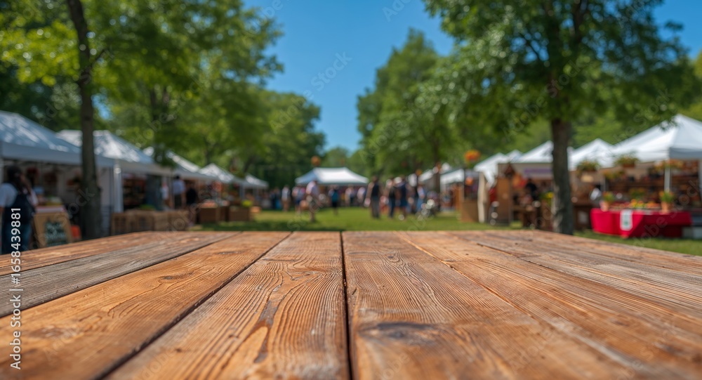 Fototapeta premium Wooden Table at a Summer Outdoor Market with People and Tents, Clear Blue Sky.