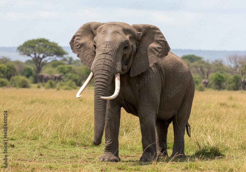 Fototapeta premium A large African elephant roaming freely in the Serengeti savannah, golden dry grassland with scattered acacia trees, distant hills, clear blue sky with soft clouds, realistic wildlife photography, hig