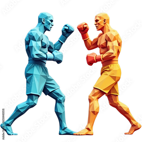 Two low-poly boxers in blue and orange facing off in a digital art style, symbolizing intense competition and rivalry