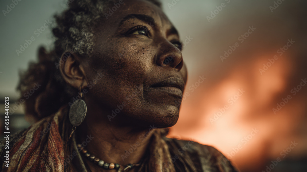 An elderly Black woman gazes thoughtfully into the distance, her expression serene against a warm sunset backdrop, wearing colorful attire and jewelry that reflects her cultural heritage