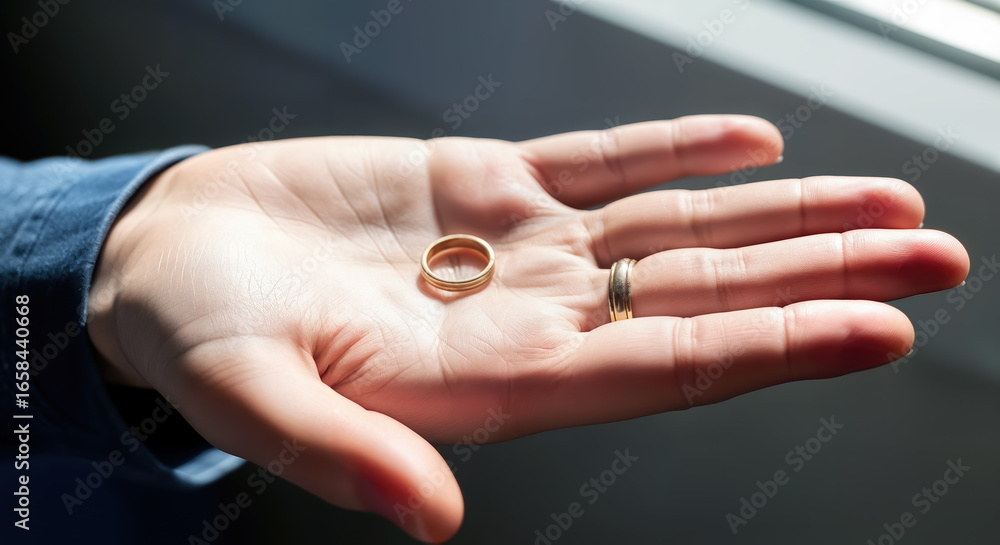 Golden wedding ring placed on the open palm of a person wearing a ring on their finger, against a blurred background Golden wedding ring placed on the open palm of a person wearing a ring on their finger, against a blurred background