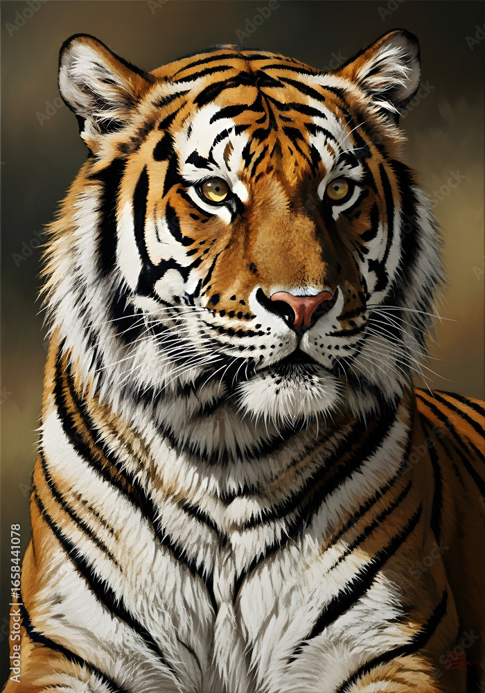 Obraz premium Close-up portrait of a tiger, showcasing intricate details of fur and stripes, with a thoughtful expression and rich golden tones.