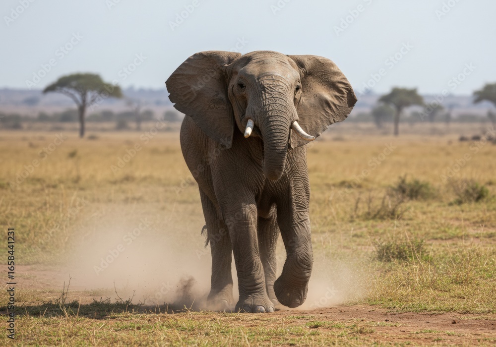 Obraz premium A large African elephant roaming freely in the Serengeti savannah, golden dry grassland with scattered acacia trees, distant hills, clear blue sky with soft clouds, realistic wildlife photography, hig
