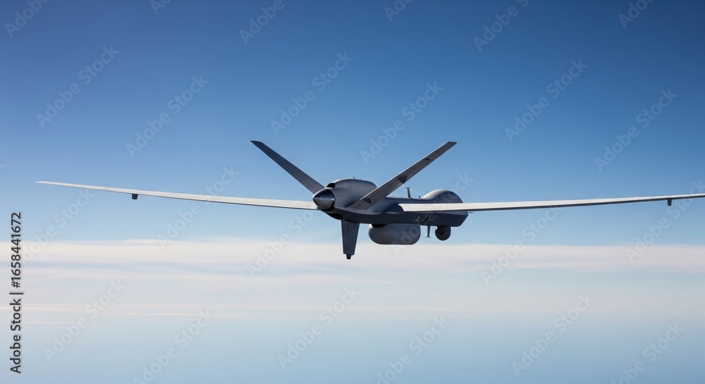 Obraz premium Surveillance drone flying at high altitude with clear blue sky background for military reconnaissance, aerial monitoring and intelligence gathering mission in modern aerospace technology