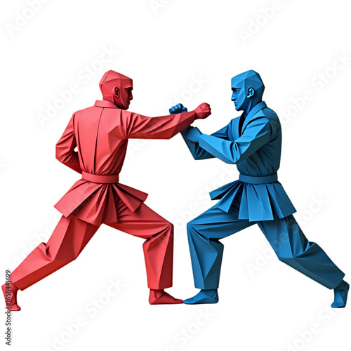 A 3D illustration of two low-polygon figures in a martial arts duel, symbolizing rivalry and the classic red versus blue confrontation