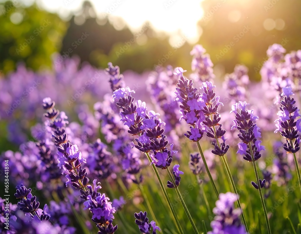 Obraz premium Purple lavender field illuminated by golden sunlight in a natural setting