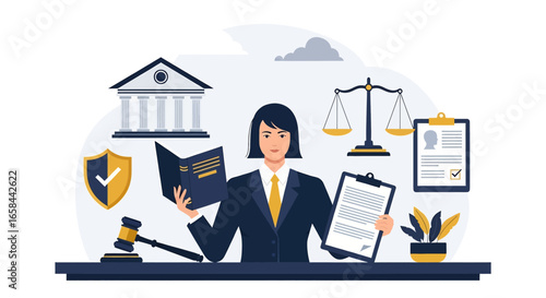 Flat vector illustration of female lawyer with law book, legal documents, gavel, courthouse, scales of justice, and shield, symbolizing justice, legal services, business law, and corporate governance