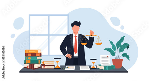 Flat vector illustration of lawyer in office holding scales of justice with legal documents, law books, and hourglass, symbolizing business law, justice system, governance, and legal services