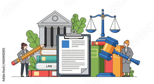 Flat vector illustration of courthouse, legal documents, gavel, scales of justice, law books, and business professionals, symbolizing justice system, corporate law, governance, and legal services