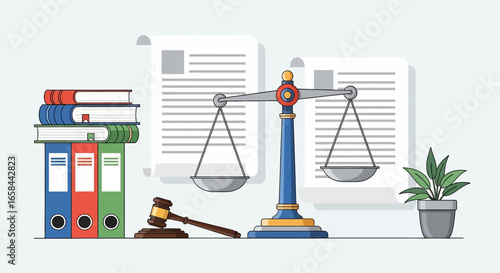 Flat vector illustration of legal concept with scales of justice, gavel, law books, binders, and documents, symbolizing justice system, business law, compliance, regulation, and governance