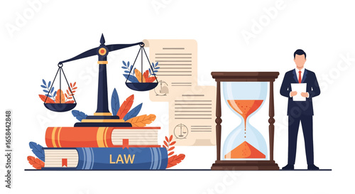Flat vector illustration of law books, scales of justice, legal document, hourglass, and businessman holding paper, symbolizing law, justice, legal process, corporate governance, and business 