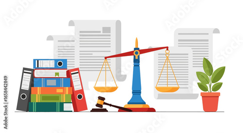Flat vector illustration of legal concept with scales of justice, gavel, law books, binders, and documents, symbolizing justice system, business law, compliance, regulation, and governance