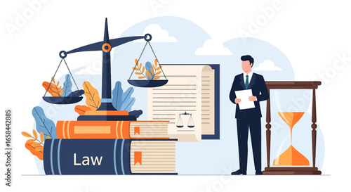 Flat vector illustration of law books, scales of justice, legal document, hourglass, and businessman holding paper, symbolizing law, justice, legal process, corporate governance, and business 