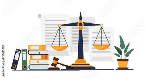 Flat vector illustration of legal concept with scales of justice, gavel, law books, binders, and documents, symbolizing justice system, business law, compliance, regulation, and governance